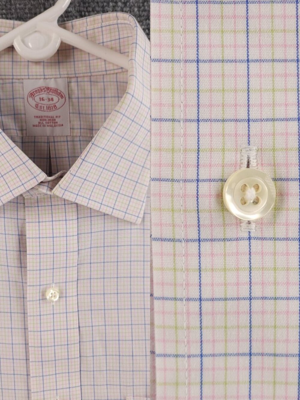 Brooks Brothers Blue Pink Green Traditional Spread 16 34 Cotton Check Non-Iron